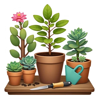Close-up of a potted sapling with vibrant flowering plants around it, in rich soil. Sunlight filters through the window, casting soft shadows. Cozy indoor garden with blooming flowers, succulents, and gardening tools placed neatly on a wooden table. sticker