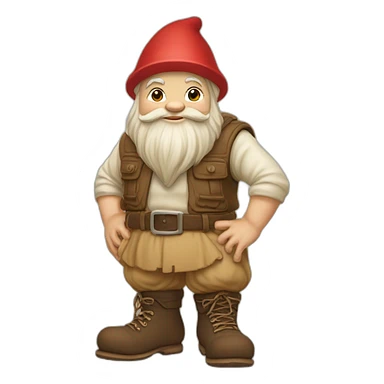 side view of gnome with light tan pants and light tan boots squatting in front of small brown log sticker