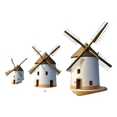 ​Cinematic Realistic Spanish Windmills (Mota del Cuervo), depicted as a cluster of gracefully aged windmills with weathered whitewashed facades and rustic wooden sails, standing proudly on a sunlit, rolling hillside of golden fields and olive groves, rendered with intricate textures and soft natural lighting that captures the timeless rural charm and historical significance of the Spanish landscape, sticker