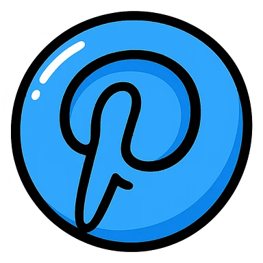 plump, rounded Pinterest 'P' logo, blue color, bold black outlines, expressive shadows, glossy highlights, no background, dimensional style sticker