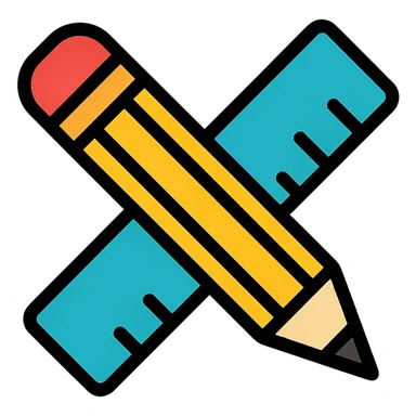a pencil and ruler crossed, symbolizing design, colorful lineal icon with black outlines sticker