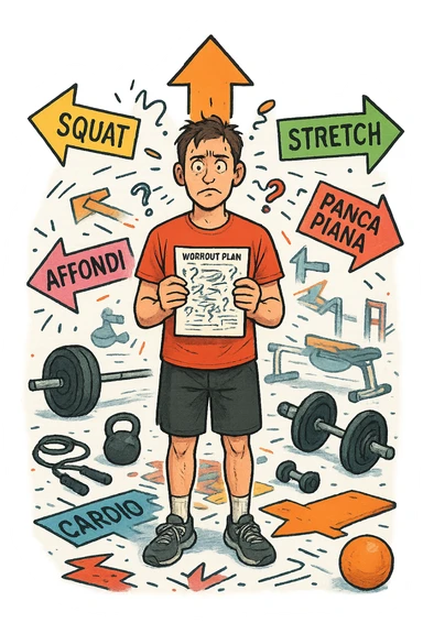 a person stands in the center of a gym, surrounded by arrows pointing in all directions, each labeled with a different exercise (e.g., “squat,” “Salti,” “stretch,” “Panca Piana”). The person looks bewildered, holding a workout plan with scribbles and question marks. The scene is colorful but visually messy, symbolizing confusion. in italiano immagine iperrealistica sticker