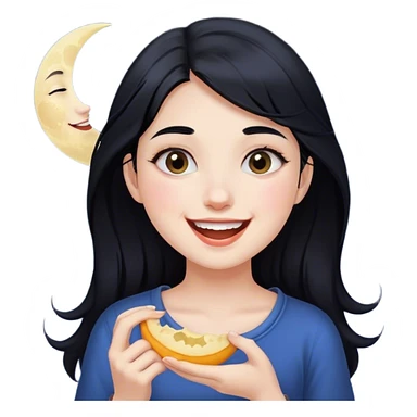smiling girl with black hair eating the moon sticker