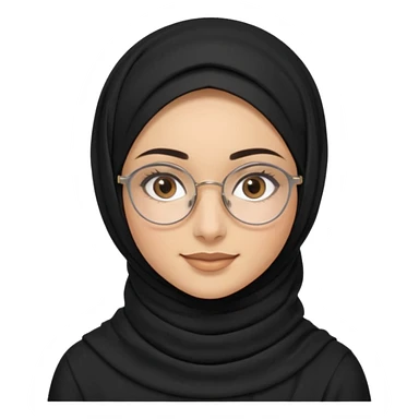 young woman with wheat-toned skin, black eyes, slightly thick natural eyebrows, long eyelashes, wearing a black hijab and thin silver round glasses, gentle warm smile, minimal makeup, modest brown top, subtle gold layered necklace sticker