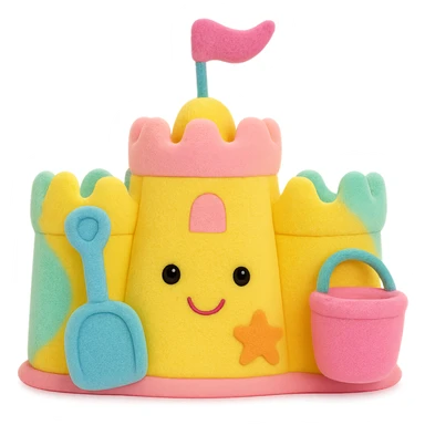 Make the soft toy jellycat sand castle more colorful with bright and pastel beach-themed accents, keep the plush look, no background, soft plush toy style sticker