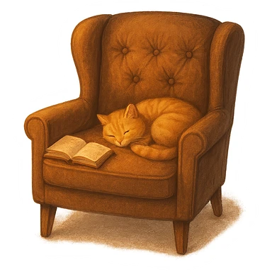 cozy armchair with a cat and a book, warm and inviting sticker