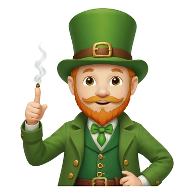 leprechaun looking up, and giving a thumbs up. on his left hand, he is holding his waist. change the hat band with orange band and a red belt. change the facial hair to white. on his mouth, he is smoking a red pipe. sticker