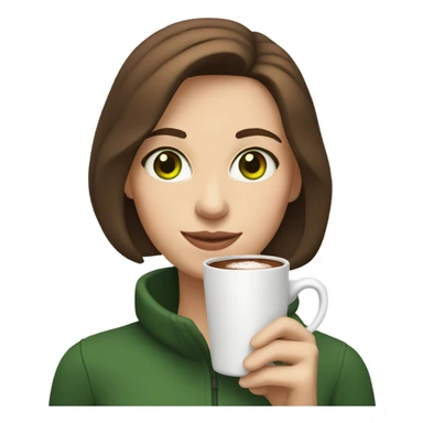 white girl with brown short hair with green eyes, holding hot chocolate sticker