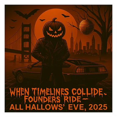 Make the font "When Timelines Collide, Founders Ride" runny, spooky.  sticker