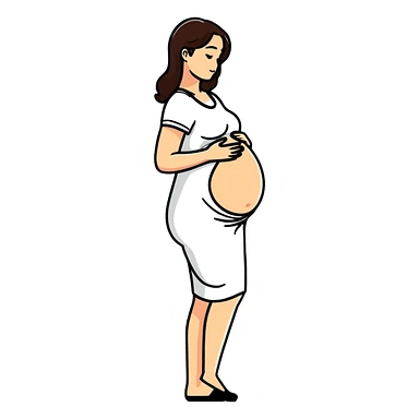 happy pregnant woman in second trimester, showing baby bump sticker