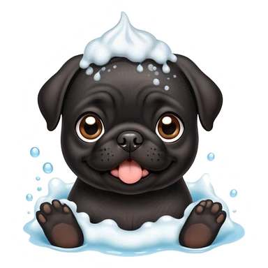 Happy adorable beautiful Black pug puppy with bath foam on top of his head sticker