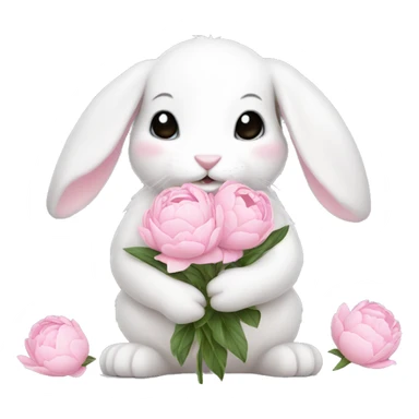 cute white bunny holding light pink peonies sticker