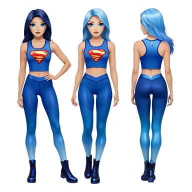 White woman-long legs-very very very large upper body-sexy face-puma boots-very long very straight dark blue to light blue ombre hair-and-blue eyes-thick black eyeliner-thick long eyelashes-iridescent blue lowcut tanktop with black leggings with glitter superman logo sticker