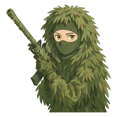 1 female, gold yellow eyes, face covered green balaclava, full military ghillie sniper camouflage, rifle up, camouflaged rifle wrap sticker