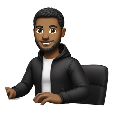 memoji of a man with a laptop in front, apple-style, fair white skintone, black jacket or hoodie,modern,black hair,black sweater,computer in hand,sitting on his desk sticker