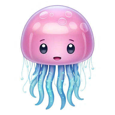 Cinematic floating kawaii jellyfish, tiny round body, soft glowing tentacles, pastel pink and blue hues, delicate sparkling highlights, dreamy and adorable. sticker