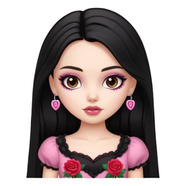pale skin, girly bratz baddie, beautiful dark brown eyes, pretty makeup, long dark black straight hair, girly rose clothes sticker