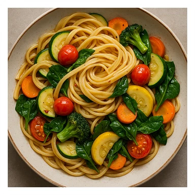 realistic style veggie pasta, detailed noodles and vegetables, top view sticker