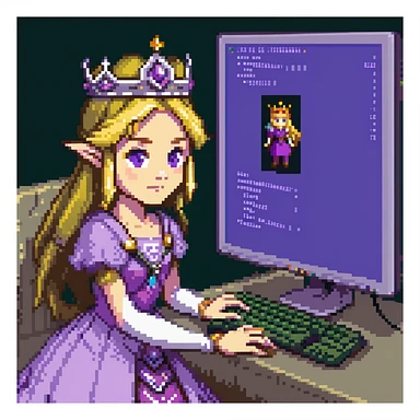 Princess Zelda wearing her crown and purple dress programming with code visible on computer screen sticker