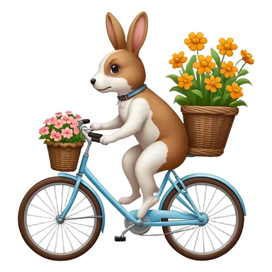 Dog in a flower basket of a bike wich is cycling of a rabbit sticker