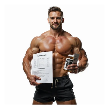 hyper realistic bodybuilder in sportswear showing a PCT chart and a brochure with Italian text 'Funzione sessuale', supplements next to him, positive atmosphere, caption 'PCT: recupero completo', isolated on white background sticker