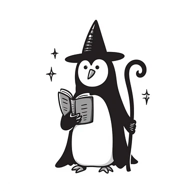 Penguin wizard with pointed hat, magical staff, and spell book sticker