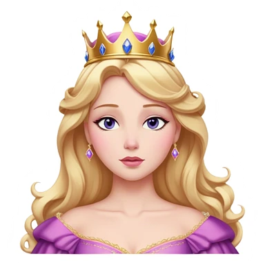 Cinematic Realistic Sleeping Beauty (Aurora) Portrait, with porcelain-like skin featuring a natural rosy flush, illuminated by soft lighting that highlights the gentle contours of her face. Her golden blonde hair flows in soft, detailed waves with subtle highlights that shimmer in the light. Her deep violet-blue eyes radiate warmth and innocence, framed by arched brows and long lashes. Her serene expression exudes quiet elegance. She is dressed in her classic pink gown, the fabric rich in texture with delicate folds that catch the light. A golden crown rests atop her head, gleaming with royal refinement. The portrait captures a soft, glowing aura, blending realism with an ethereal sense of beauty and timeless enchantment. sticker