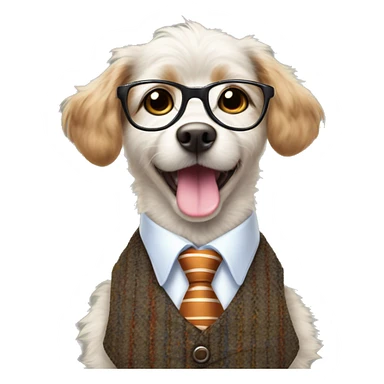 
The dog is small and fluffy, wearing a tweed vest, striped tie, and round glasses, giving it a playful, intelligent look. Its bright eyes and joyful expression, with its tongue sticking out, add to its cheerful charm sticker