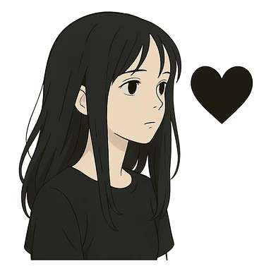 ghibli style pale girl with long black hair and a black heart sticker