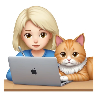 A girl is working on a laptop with a cat lying next to it sticker