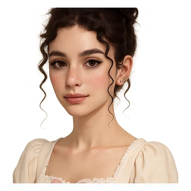 Portrait of a cute white-skinned girl with a V-shaped face and slim build, dark brown curly hair up to shoulder blades styled in a messy bun with two curly strands and a mini curl in front of each ear. Large almond-shaped brown eyes with a neutral to positive gaze, very long lashes, subtle straight brown eyeliner, brown waterline. Medium Greek nose, straight and slightly thick brown eyebrows, medium lips with light brown lipstick. Noticeable cute pink blush, few freckles on cheeks and nose, wearing coquette style clothing. Piercings: 1, 2, 3 lobes, helix and tragus on each ear. Neutral background. sticker