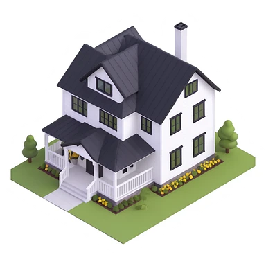 modern farmhouse with white siding, black roof and black trim, isometric exterior view sticker