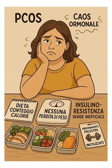 "Desperate woman with PCOS following standard calorie-counting diet, scale showing no weight loss despite strict adherence, expression of confusion and defeat, meal prep containers with healthy foods, insulin resistance making normal dieting ineffective, hormonal chaos overriding caloric deficit principles, gym membership unused due to lack of results scritte in italiano sticker