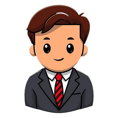 man with combed light brown hair wearing a suit with black horizontal stripes and a red tie sticker