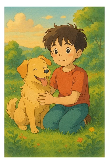 kid and his pet dog in studio ghibili style sticker