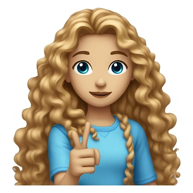 girl with light brown long curly hair and blue eyes doing a hand heart  sticker