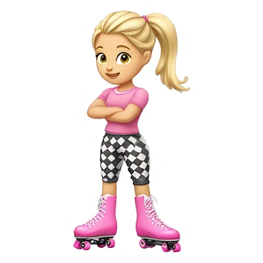 A girl with blonde hair a high ponytail checkered pants and pink rollerskates ￼ sticker