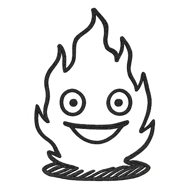 Simplify the design of Calcifer, make the face clear and expressive, use a transparent background, and ensure the flame shape is bold and recognizable even at small size, suitable for a Notion page emoji. sticker
