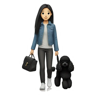 One Korean girl with black long straight hair with one black poodle is walking. sticker