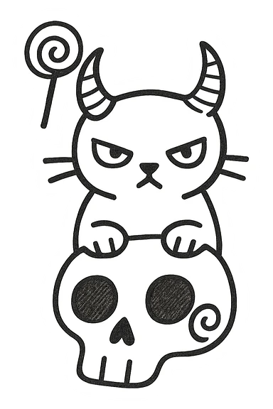 Add the iconic lollipop from the Trick 'R Treat movie hanging from one of the cat's demon horns, hand drawn style with sketchy lines, no fill, preserve the red spiral on the skull, transparent background. sticker
