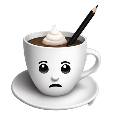 White handmade cup with a black pencil abstract drawing. Inside is hot chocolate  sticker