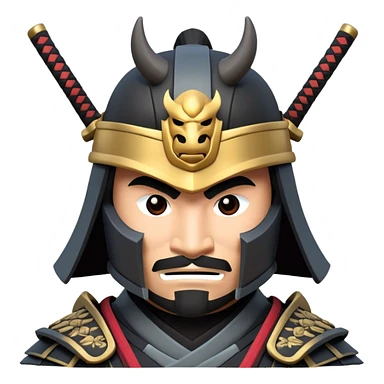 clash-of-clans-aesthetic_-cinematic-fearsome-and-majestic-samurai-bust-portrait-emoji, rendered in a flat, vector-style with minimal shading and bold, simplified shapes typical of emoji art, depicting a battle-hardened samurai with black mask and traditional black Japanese armor. The samurai is riding a noble grey warhorse adorned with an intricately designed saddle and fluttering banners and a rising sun. a samurai riding on a  horse zoomed in sticker