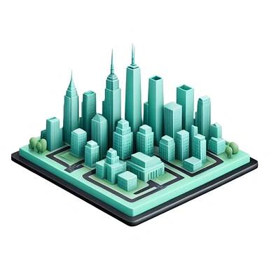 Urbanisme & Aménagement (Urban Planning), 3D techy icon with black and mint green (#B5F4D3) color scheme, city skyline with blueprint sticker