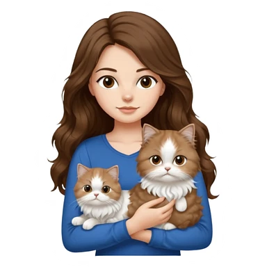 a girl with long wavy ish brown hair with a blue top and black pants holding a white persian cat  sticker
