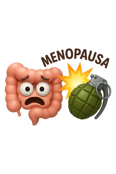 EMOJI STILE IPHONE 3D DI INTESTINO 3D CON ESPRESSIONE SPAVENTATA IN VOLTO MENTRE ACCANTO A LUI SCOPPIA UNA GRANATA 3D CON LA SCRITTA "MENOPAUSA" SOPRA, FAGLI ANCHE LA PARTE BIANCA DEGLI OCCHI, NON SOLO LA PUPILLA sticker
