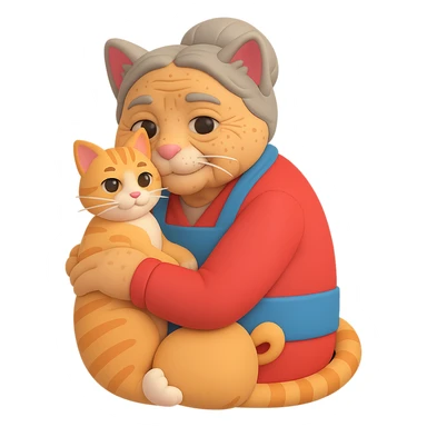 Make the grandmother look older with more wrinkles, gray hair, and age spots in a 3D emoji style. She is holding one cat. The background should be transparent with no background. sticker