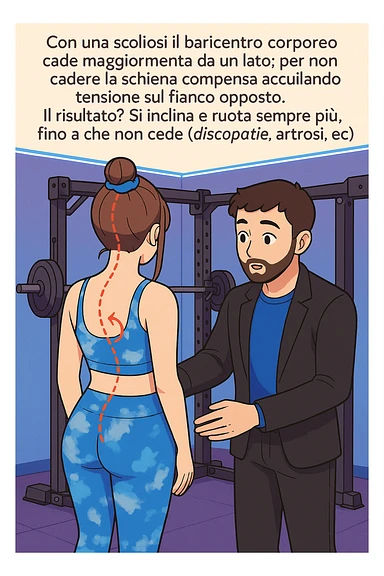 fai questa immagine in versione manga/webtoon a colori con stile di disegno carino e moderno, il manga mostra la donna di spalle, mentre l'uomo le tocca la spina dorsale per spiegarle come funziona la scoliosi:
Con una scoliosi il baricentro corporeo cade maggiormente da un lato; per non cadere la schiena compensa accumulando tensione sul fianco opposto.
Il risultato? Si inclina e ruota sempre più, fino a che non cede (discopatie, artrosi, ecc) sticker