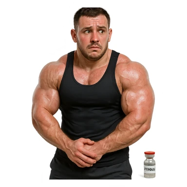 beginner bodybuilder with swollen muscles, reddened skin, nervous look, wearing sportswear, bottle of anabolic steroids next to him, realistic details, isolated on white background sticker