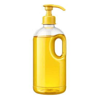 yellow plastic oil bottle, tall, rounded, molded lines, built-in handle, glossy, yellow cap, white neck, soft reflections, gentle shadows, no branding, no label, no food, no faces, clean 3D, soft shadows, transparent background, emoji scale sticker