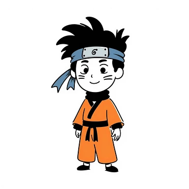 A blonde ninja boy with spiky hair, whisker marks on cheeks, orange outfit, and blue headband with metal plate sticker